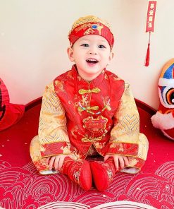 Bộ tết cho bé trai cao cấp SE181 set đồ gấm hoa văn kèm nón có lót dưới 14kg