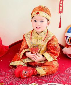 Bộ tết cho bé trai dưới 3 tuổi SE179, vải gấm hoa cam sang trọng, set kèm nón