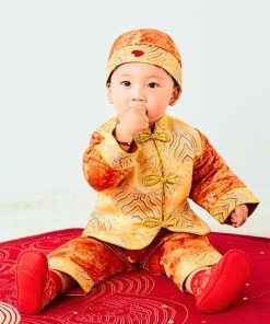 Bộ tết cho bé trai dưới 3 tuổi SE179, vải gấm hoa cam sang trọng, set kèm nón