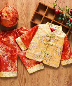 Bộ tết cho bé trai dưới 3 tuổi SE179, vải gấm hoa cam sang trọng, set kèm nón