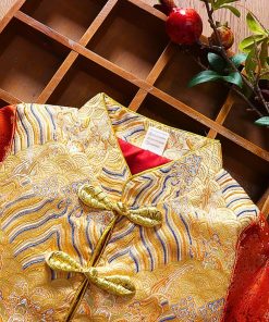 Bộ tết cho bé trai dưới 3 tuổi SE179, vải gấm hoa cam sang trọng, set kèm nón