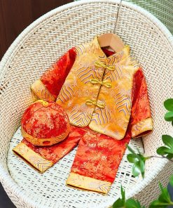 Bộ tết cho bé trai dưới 3 tuổi SE179, vải gấm hoa cam sang trọng, set kèm nón