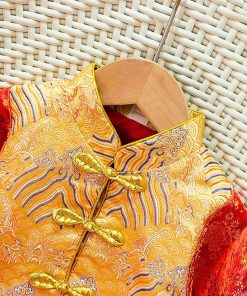 Bộ tết cho bé trai dưới 3 tuổi SE179, vải gấm hoa cam sang trọng, set kèm nón