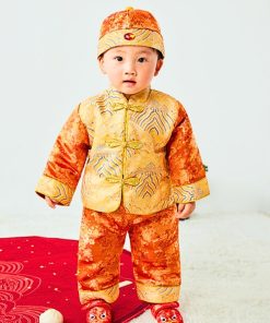 Bộ tết cho bé trai dưới 3 tuổi SE179, vải gấm hoa cam sang trọng, set kèm nón