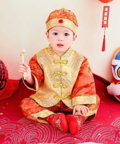 Bộ tết cho bé trai dưới 3 tuổi SE179, vải gấm hoa cam sang trọng, set kèm nón