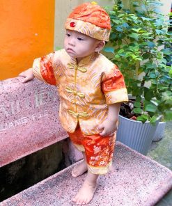 Bộ tết cho bé trai dưới 3 tuổi SE184, vải gấm set ngắn tay kèm nón