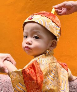 Bộ tết cho bé trai dưới 3 tuổi SE184, vải gấm set ngắn tay kèm nón