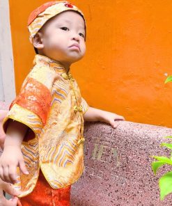 Bộ tết cho bé trai dưới 3 tuổi SE184, vải gấm set ngắn tay kèm nón
