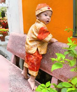 Bộ tết cho bé trai dưới 3 tuổi SE184, vải gấm set ngắn tay kèm nón