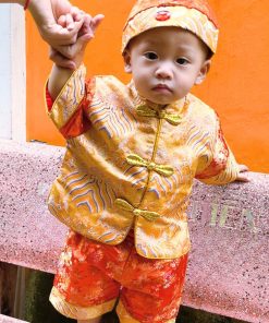 Bộ tết cho bé trai dưới 3 tuổi SE184, vải gấm set ngắn tay kèm nón