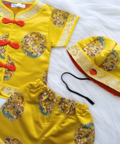 Bộ tết cho bé trai ngắn tay dưới 3 tuổi kèm nón gấm vàng dệt hoa văn SE173-V2