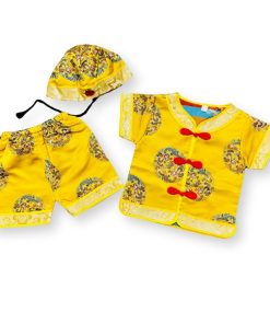 Bộ tết cho bé trai ngắn tay dưới 3 tuổi kèm nón gấm vàng dệt hoa văn SE173-V2