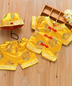 Bộ tết cho bé trai ngắn tay dưới 3 tuổi kèm nón gấm vàng dệt hoa văn SE173-V2
