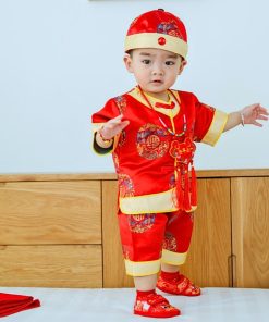 Bộ Tết Cho Bé Trai Ngắn Tay SE173-Đ1 Đồ Gấm Đỏ Thổ Cẩm Trung Hoa, Họa Tiết Nổi Bật Cho Bé Dưới 3 Tuổi Mặc Chúc Tết