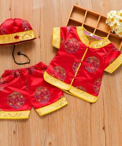 Bộ Tết Cho Bé Trai Ngắn Tay SE173-Đ1 Đồ Gấm Đỏ Thổ Cẩm Trung Hoa, Họa Tiết Nổi Bật Cho Bé Dưới 3 Tuổi Mặc Chúc Tết