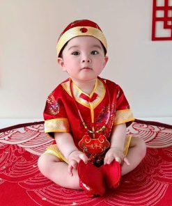 Bộ Tết Cho Bé Trai Ngắn Tay SE173-Đ1 Đồ Gấm Đỏ Thổ Cẩm Trung Hoa, Họa Tiết Nổi Bật Cho Bé Dưới 3 Tuổi Mặc Chúc Tết