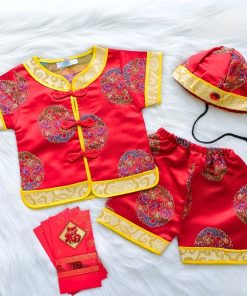 Bộ Tết Cho Bé Trai Ngắn Tay SE173-Đ1 Đồ Gấm Đỏ Thổ Cẩm Trung Hoa, Họa Tiết Nổi Bật Cho Bé Dưới 3 Tuổi Mặc Chúc Tết