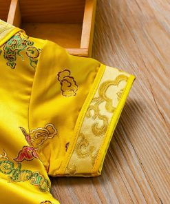 Bộ tết cho bé trai SE173-V1 ngắn tay dưới 3 tuổi vải gấm vàng ánh kim thêu vân mây