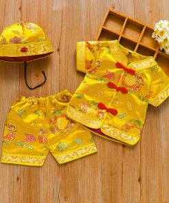 Bộ tết cho bé trai SE173-V1 ngắn tay dưới 3 tuổi vải gấm vàng ánh kim thêu vân mây