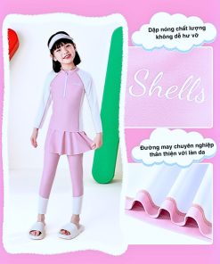 Đồ Bơi Bé Gái Tay Dài Quần Dài Dáng Váy Liền Dễ Thương BN198