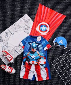 Bộ Đồ Siêu Nhân Cho Bé Trai Vải Thun Cotton Thoáng Mát Mùa Hè Từ 10-30Kg - Kèm Choàng & Mặt Nạ Hóa Trang Captain BN194_C