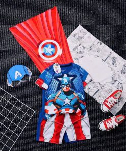 Bộ Đồ Siêu Nhân Cho Bé Trai Vải Thun Cotton Thoáng Mát Mùa Hè Từ 10-30Kg - Kèm Choàng & Mặt Nạ Hóa Trang Captain BN194_C