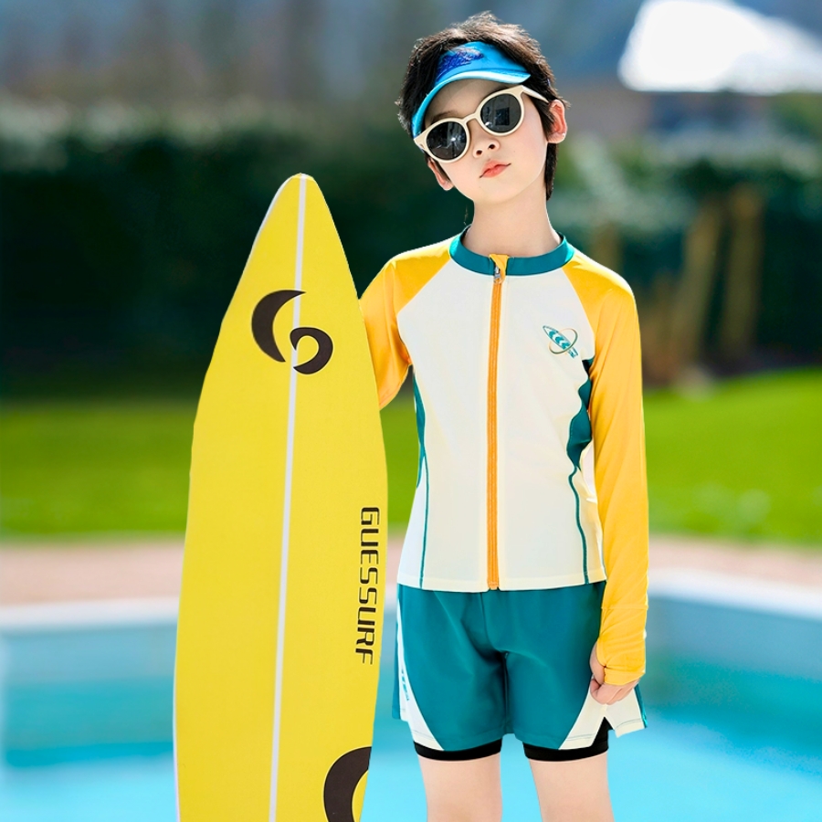 Bộ Bơi Dài Tay Cho Bé Trai Màu Xanh Phối Vàng 15-50kg BN200