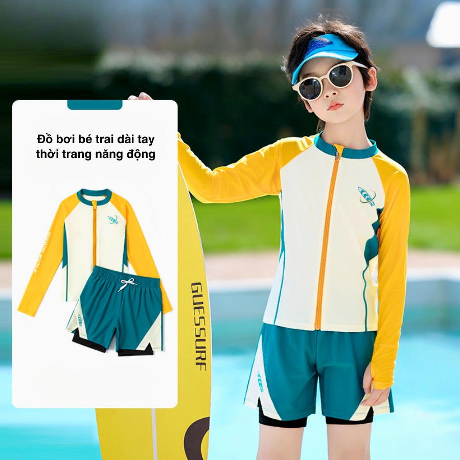 ao boi dai tay cho be trai mau xanh phoi vang nang dong, chat thun lanh co gian, size 15-50kg – bn200 (4) Bộ Bơi Dài Tay Cho Bé Trai Màu Xanh Phối Vàng 15-50kg BN200