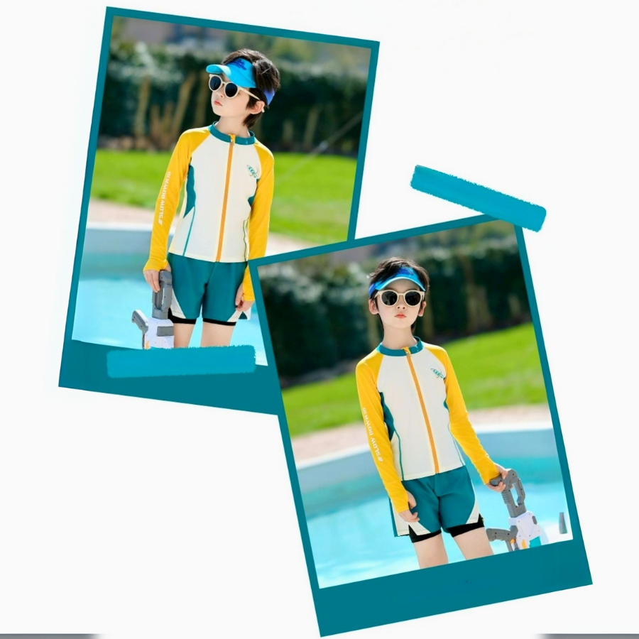 ao boi dai tay cho be trai mau xanh phoi vang nang dong, chat thun lanh co gian, size 15-50kg – bn200 (5) Bộ Bơi Dài Tay Cho Bé Trai Màu Xanh Phối Vàng 15-50kg BN200