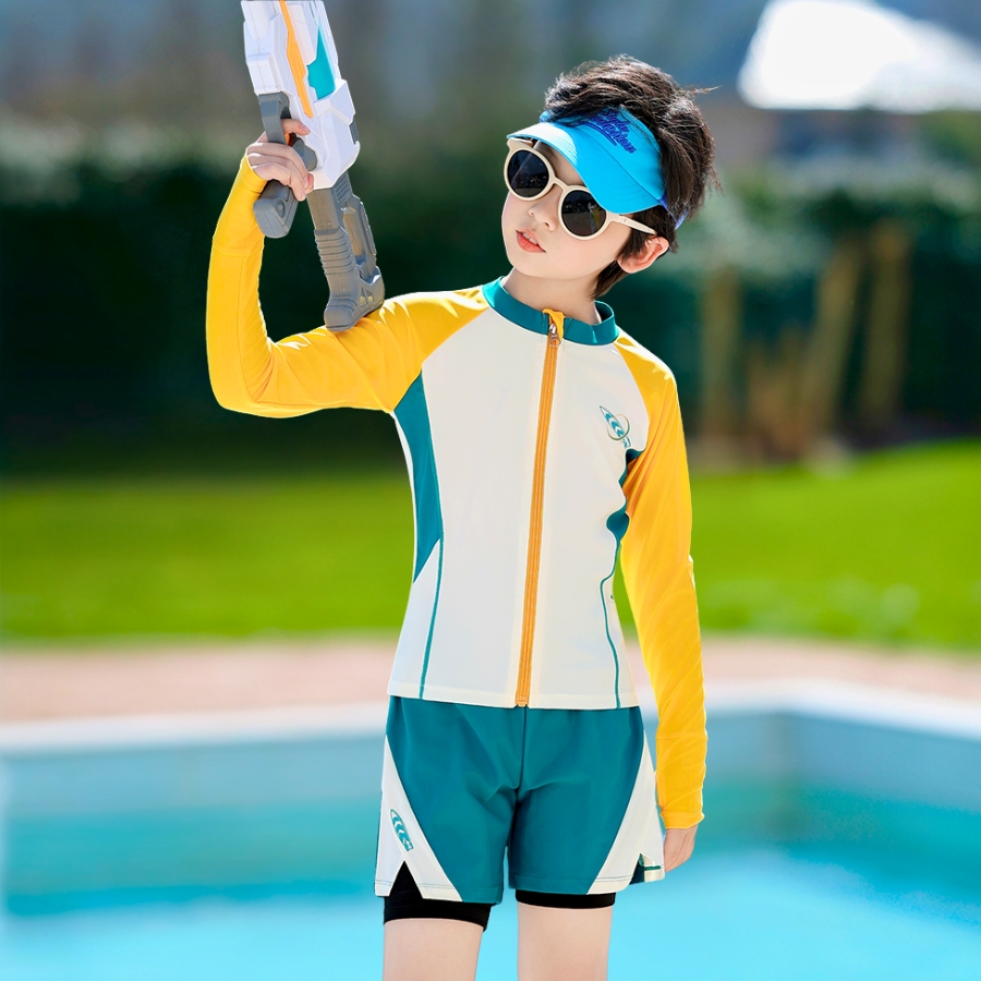 ao boi dai tay cho be trai mau xanh phoi vang nang dong, chat thun lanh co gian, size 15-50kg – bn200 (6) Bộ Bơi Dài Tay Cho Bé Trai Màu Xanh Phối Vàng 15-50kg BN200