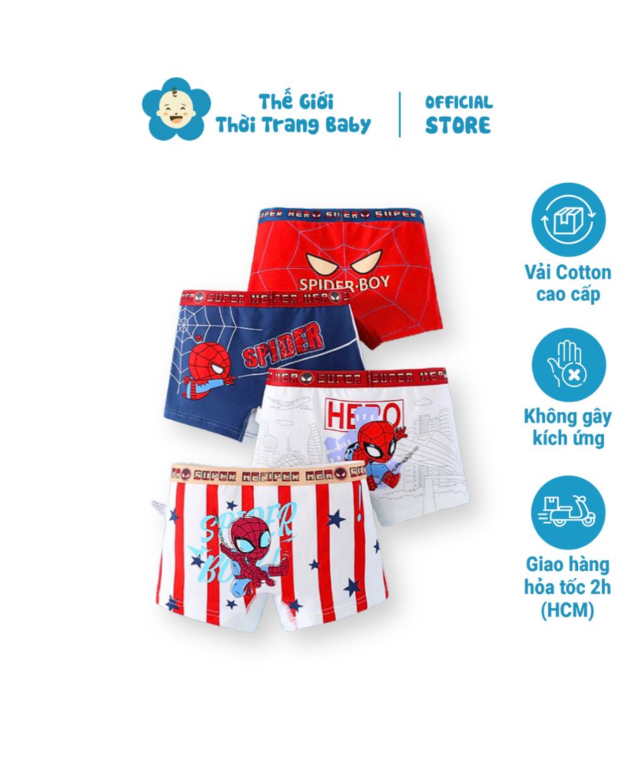 Combo 4 quần lót đùi cho bé trai thun cotton dưới 40kg họa tiết spider-boy sau mông QS08