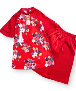 Set áo dài cho bé gái cách tân lụa sần in hoa + quần lụa ngọc trai, tay lồng kèm bờm CT42