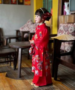 Set áo dài cho bé gái cách tân lụa sần in hoa + quần lụa ngọc trai, tay lồng kèm bờm CT42