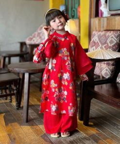Set áo dài cho bé gái cách tân lụa sần in hoa + quần lụa ngọc trai, tay lồng kèm bờm CT42