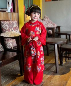Set áo dài cho bé gái cách tân lụa sần in hoa + quần lụa ngọc trai, tay lồng kèm bờm CT42