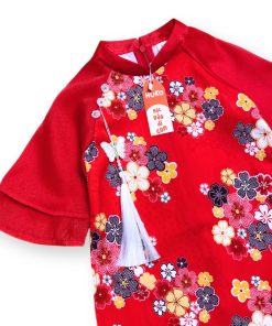 Set áo dài cho bé gái cách tân lụa sần in hoa + quần lụa ngọc trai, tay lồng kèm bờm CT42