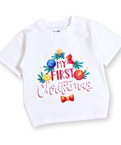 Áo giáng sinh trắng cho bé form unisex, hình cây thông & đèn noel AT52_F