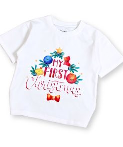 Áo giáng sinh trắng cho bé form unisex, hình cây thông & đèn noel AT52_F