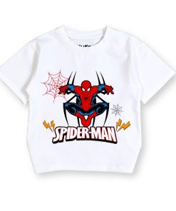 Áo thun siêu nhân cho bé trai spider-man trắng dưới 30kg thun trơn cotton AT53_A