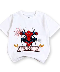 Áo thun siêu nhân cho bé trai spider-man trắng dưới 30kg thun trơn cotton AT53_A
