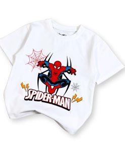 Áo thun siêu nhân cho bé trai spider-man trắng dưới 30kg thun trơn cotton AT53_A