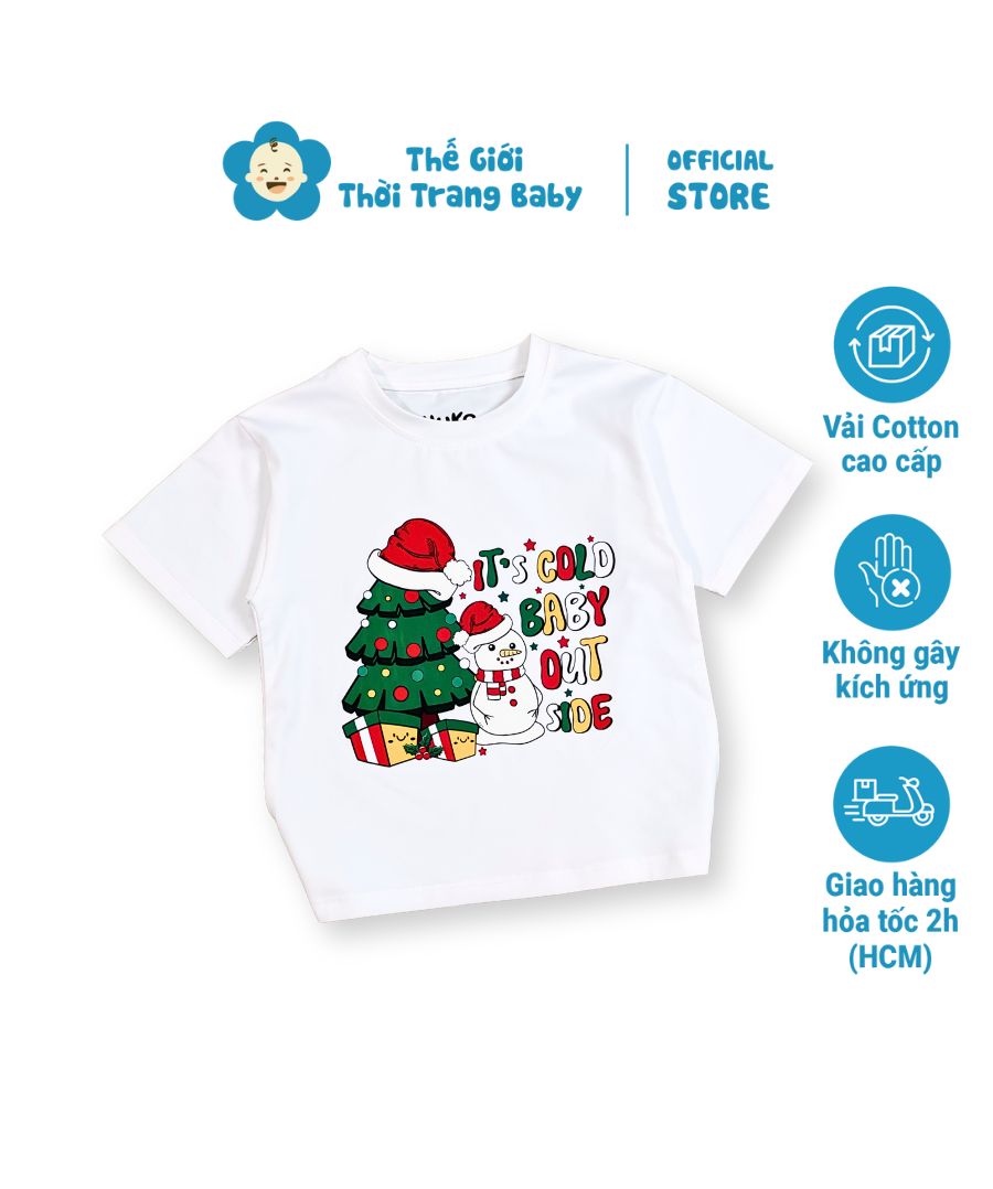 Áo Thun Trắng Noel Cho Bé Trai & Bé Gái – Hình Người Tuyết Cây Thông, Vải Cotton Mềm, Mặc Đôi Giáng Sinh AT52_D