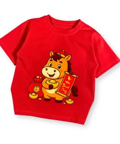 Áo thun tết cho bé dưới 43kg màu đỏ họa tiết ngựa chúc tết 2026 bé trai & bé gái AT54_B