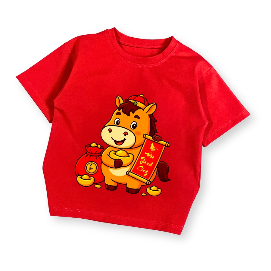 ao thun tet cho be duoi 43kg mau do hoa tiet ngua chuc tet 2026 thun cotton tron thoang mat be trai & be gai at54_b (12) Áo thun tết cho bé dưới 43kg màu đỏ họa tiết ngựa chúc tết 2026 bé trai & bé gái AT54_B