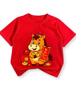 Áo thun tết cho bé dưới 43kg màu đỏ họa tiết ngựa chúc tết 2026 bé trai & bé gái AT54_B