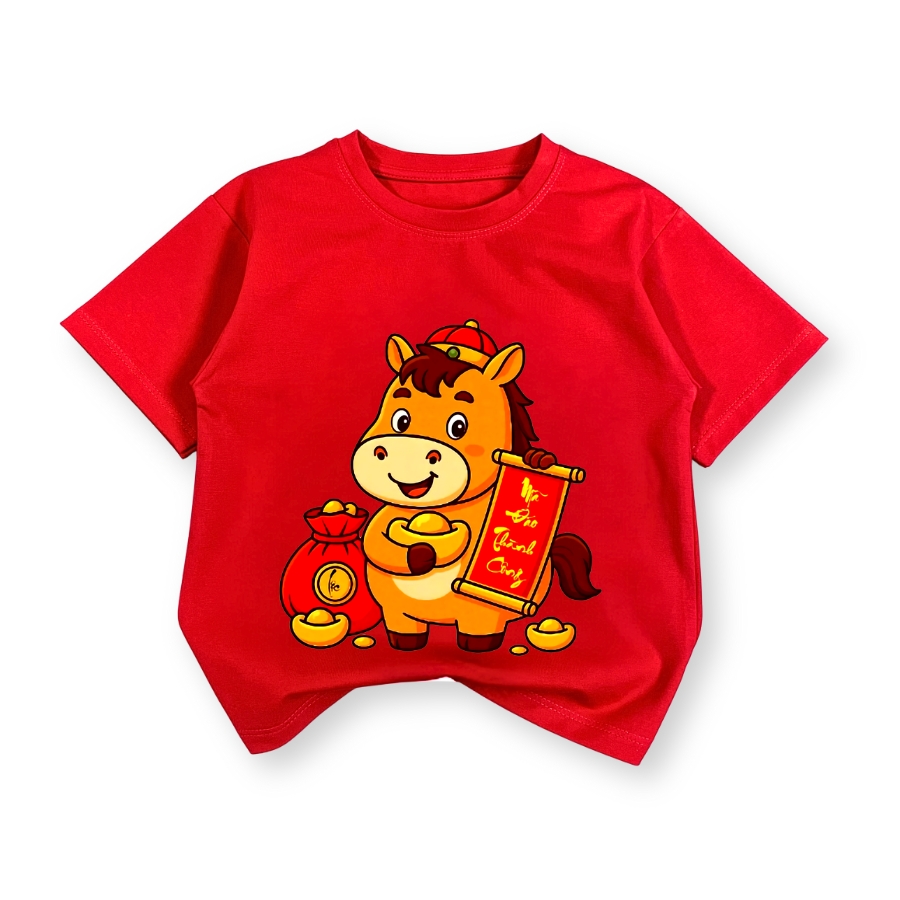 ao thun tet cho be duoi 43kg mau do hoa tiet ngua chuc tet 2026 thun cotton tron thoang mat be trai & be gai at54_b (2) Áo thun tết cho bé dưới 43kg màu đỏ họa tiết ngựa chúc tết 2026 bé trai & bé gái AT54_B