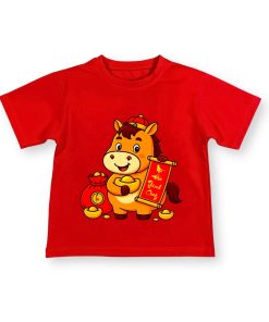 Áo thun tết cho bé dưới 43kg màu đỏ họa tiết ngựa chúc tết 2026 bé trai & bé gái AT54_B