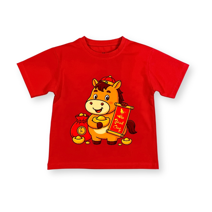 ao thun tet cho be duoi 43kg mau do hoa tiet ngua chuc tet 2026 thun cotton tron thoang mat be trai & be gai at54_b (3) Áo thun tết cho bé dưới 43kg màu đỏ họa tiết ngựa chúc tết 2026 bé trai & bé gái AT54_B