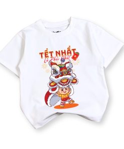 Áo thun tết cho bé trai và bé gái dưới 43kg màu trắng thun cotton mềm mịn, thoáng mát AT54_A
