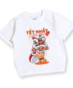 Áo thun tết cho bé trai và bé gái dưới 43kg màu trắng thun cotton mềm mịn, thoáng mát AT54_A